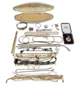 Costume jewellery - necklaces, bangle, locket, mother of pearl cross, stone set ring, glazed casket,