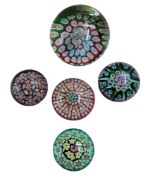 An English millefiori domed paperweight, with coloured canes, 8cm high;  others, various (5)