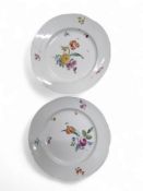 A pair of Frankenthal shaped circular plates, decorated with colourful floral sprays, moulded