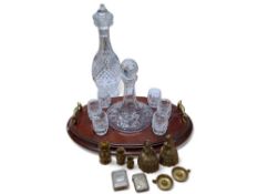 A ship's port decanter set, twin handle mahogany tray, cut glass decanter and six glasses; a slender