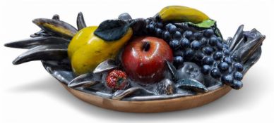 A silver cast bowl of fruit, hand painted, sculptured, by and signed Stella, Camelot Silverware Ltd,