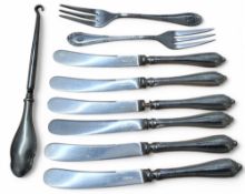 A set of six silver hafted butter knives, James Dixon & Sons Ltd, Sheffield, 1920; two German silver