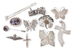 A Sterling silver RAF wings sweetheart brooch; a silver filigree brooch in the form of a