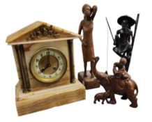 An early 20th century brown striped onyx architectural mantel clock, Arabic numerals, twin winding