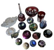 A Caithness Fireball paperweight; others, Phoenicia Glass, Jaffe Rose, bird paperweight;