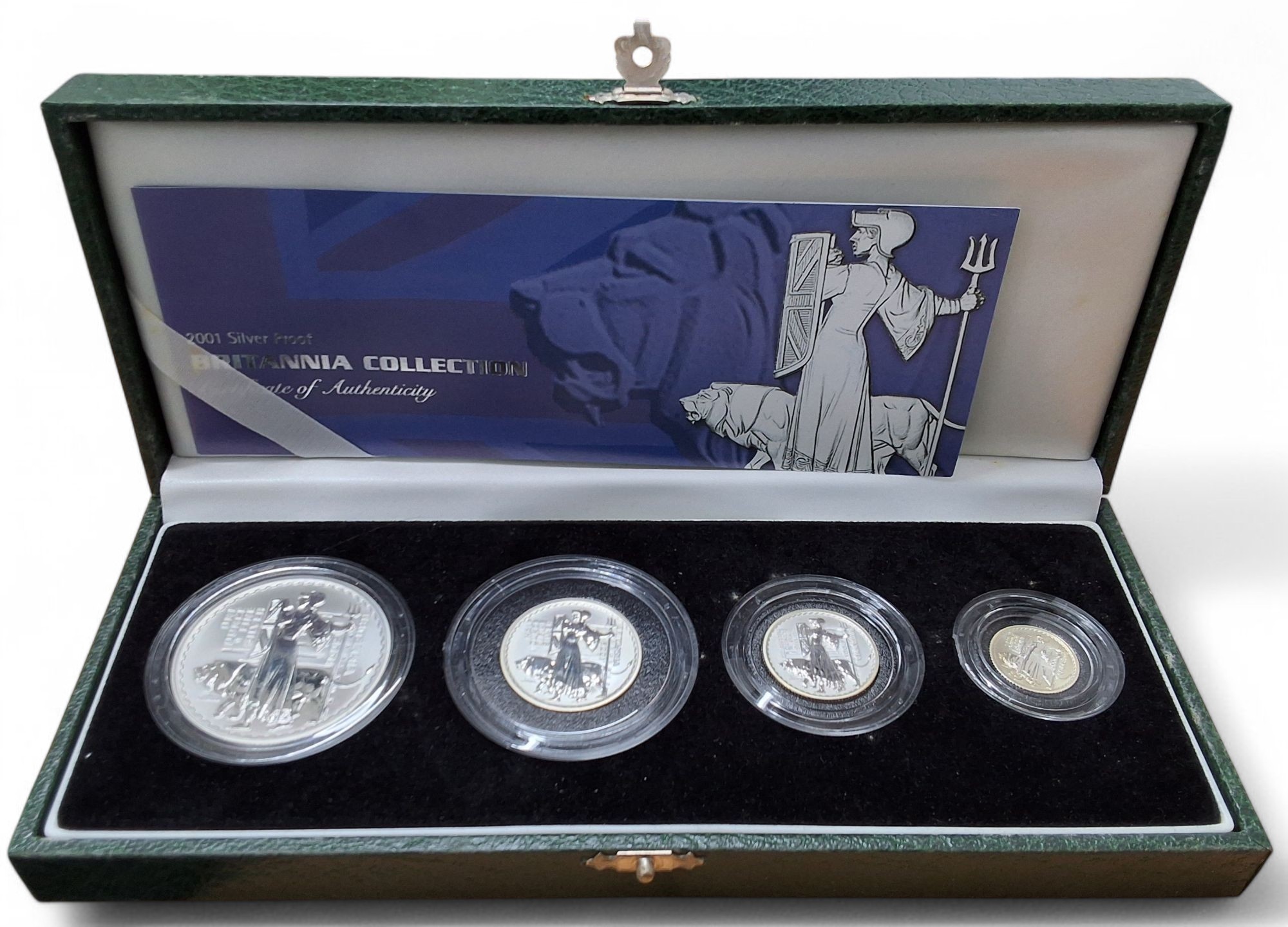 A Royal Mint 2001 Silver Proof Britannia Collection, four coins each struck, one ounce of 958