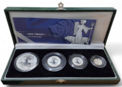 A Royal Mint 2001 Silver Proof Britannia Collection, four coins each struck, one ounce of 958