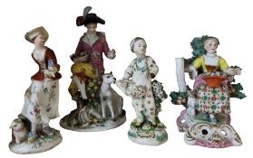 A Derby Patch Mark figure, of a Shepherdess, s wearing a broad brimmed hat, a sheep at her feet,
