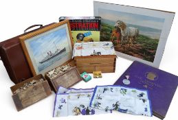 Boxes and objects - a child's briefcase; a silk 1937 Coronation Commonwealth handkerchief; two