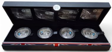 A Royal Mint Countdown to London 2012 Silver Proof £5 Coin Set, four £5 coins dated 2009, 2010, 2011