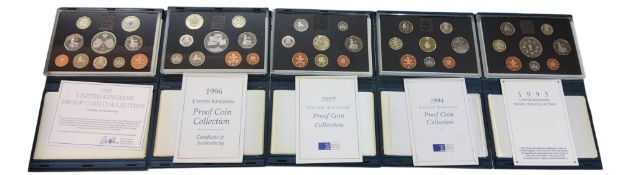 A Royal Mint Proof coin collections, 1993, 1994, 1995, 1996 and 1997, COAs, all boxed