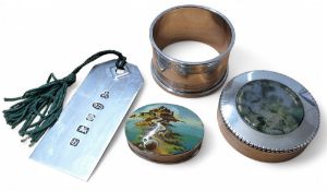 A silver pill box, the hinged cover hand painted with an island village, Sheffield import marks,
