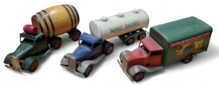A Minic Watneys tinplate delivery truck and barrel trailer, clockwork, green cab and running boards,