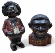 A 'Mr Smiles' or Golly cast iron money bank, possibly John Harper Ltd, red jacket, white shirt, blue