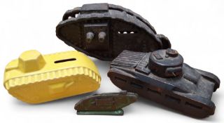 A Starkies cast iron money bank in the form of a Mark I Tank; a ceramic money box in the form of a