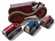 A Louis Marx, large scale tin plate crawler tractor, clockwork,  red, perished tracks, missing
