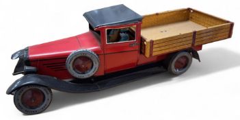 A German DBS, Düsseldorfer Blechspielwaren, large tinplate flatbed pick truck, red cab, black