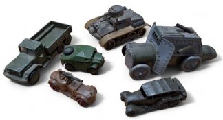 A German tinplate WWI armoured car, clockwork, green body and guns, litho printed with rivets and