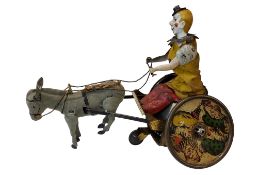 Lehmann 425 Balky Mule, seated clown with yellow with yellow cotton top seated on a two wheel cart