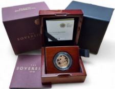 A Royal Mint The Sovereign 2016 Gold Proof Coin, in capsule, COA no.0634, presentation case, booklet