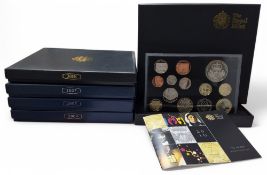 Numismatics - A Royal Mint UK 2004, 2005, 2007 2008 and 2010 Proof Coin Sets, all in Perspex