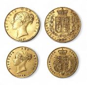 A Victorian full sovereign, dated 1847; a Victorian half Sovereign, dated 1852, total weight 12g (2)
