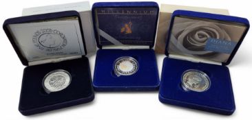 A Royal Mint Millennium Silver Proof Crown, COA, presentation case; a Royal Mint Diana Princess of