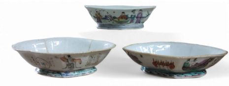 Chinese quatrefoil dishes, decorated with alternating figures, roundels and script, 21.5cm wide,