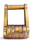 A 19th century brass barrel shaped combination padlock, 4.5cm long