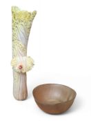 A Chinese bone carving,  of a celery, with ladybird, vestiges of colour, 17cm long;  a horn bowl,