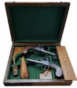 A near pair of George III, 42 bore flintlock boxlock pocket pistols; one with engraved trigger
