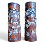 A large pair of Japanese  carved bone and mother of pearl inlaid bamboo brush pots,  carved in