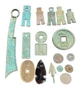 China, bronze or copper charms or amulets,  each inscribed with  characters, Qing;  Japanese Koban;