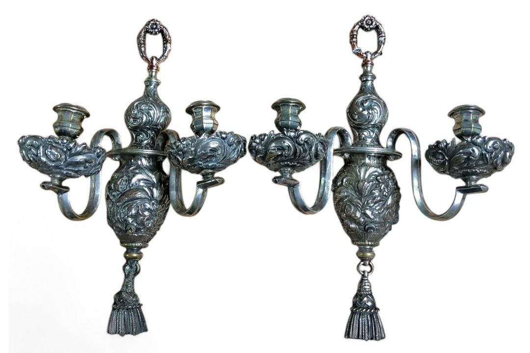 A pair of Sheffield plated two branch two light wall lights, campana shaped sconces, bold acanthus - Image 1 of 2