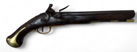 A George II 1744 flintlock Dragoon style pistol, 0.66 bore, the lock plate engraved Farmer 1744,