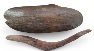 Aboriginal Art - a Coolamon, 45cm long, 18cm wide;  a boomerang, 55cm long (2)