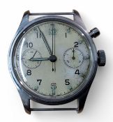 A Royal Navy Lemania Series 1 single pusher chronograph wristwatch, radium-dialled, Arabic numerals,