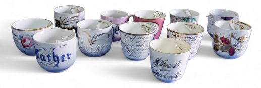 Moustache Cups - a late 19th century cup, inscribed in gilt and painted with roses, c.1890;