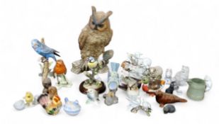 A Goebel model, of a budgerigar;  another, Robin;  a large owl;   other birds and animals