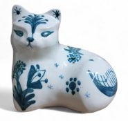 D T Sharp for Rye Pottery - a model of a cat,  decorated stylised floral motifs and leaves, 20cm