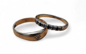 A 9ct gold and CZ ring, size T , 2.4g;  a seven stone set ring, set alternately with blue and