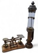 A GWR carriage lantern, (glass broken); a set of Victorian brass Postal scales, the pan stamped