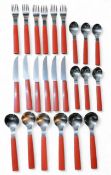 A set of David Mellor stainless steel cutlery, burnt orange acetal handles, comprising six dinner
