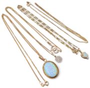 A 9ct gold mounted oval opal, xx x xxmm, 9ct golf micro curb link necklace, 6.2g gross; an 18ct
