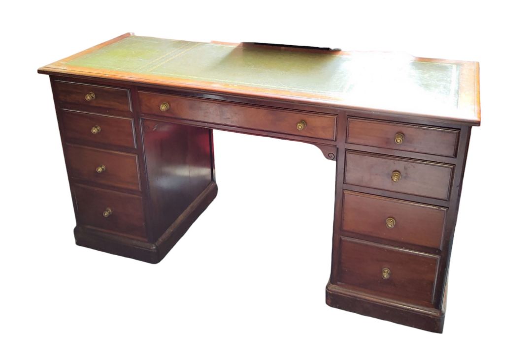 A 19th century mahogany kneehole desk, tooled green leather writing surface, fitted with one long - Image 1 of 3