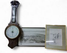 An early 20th century oak aneroid barometer, mercury thermometer, carved with stylised leaves,