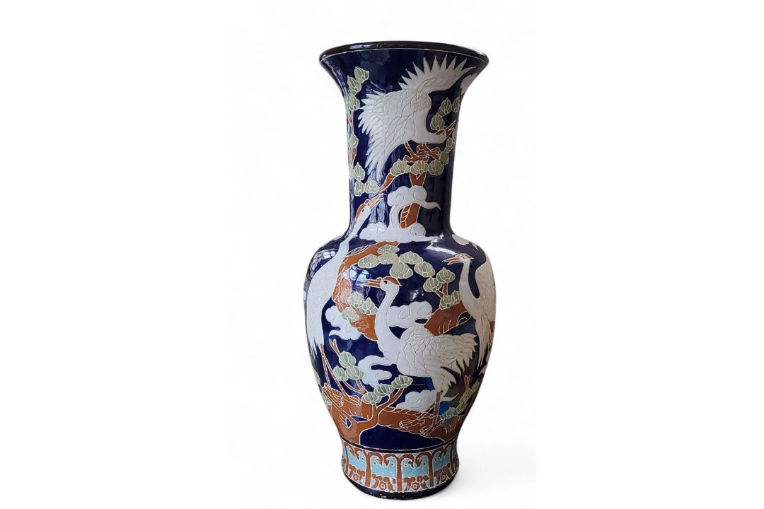 A Japanese contemporary pottery floor standing vase, incised and decorated with storks and pine