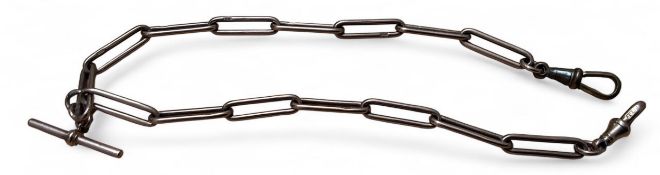 A 9ct rose gold fancy link Albert chain, lobster claw clasps (one brass), 9ct rose gold T-bar,