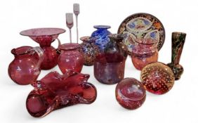 Glassware - a Caithness Cauldron paperweight;   a  cranberry glass jug;   mottled glass vases;   a