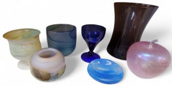 A pink iridescent glass apple, possibly by John Ditchfield, unsigned, 16cm high;  others Art Glass;